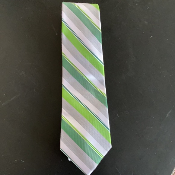 Men's Express Gray & Lime Green Diagonal Striped 100% Silk Tie - Picture 2 of 4